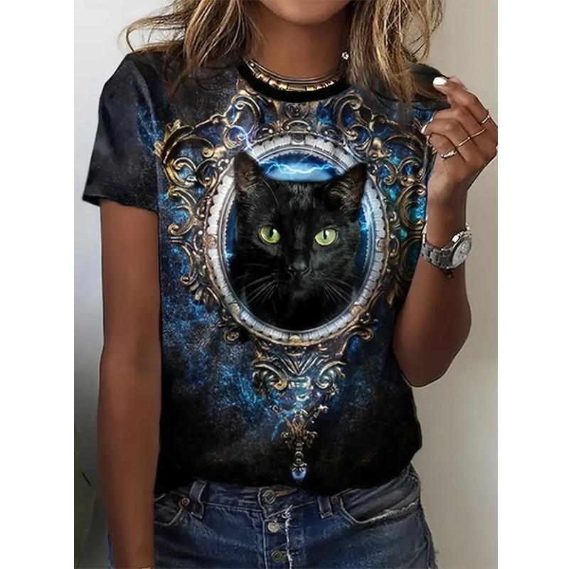 Street Hip Hop T-shirt Women s Cartoon Cat 3D Printed Pattern Short Sleeve T-shirt XS