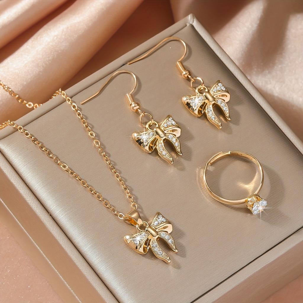 Women's Fashionable Four-piece Set of Necklace, Earrings, and Ring Is Perfect for Engagements, Weddings, Anniversaries, and Suitable for All Seasons