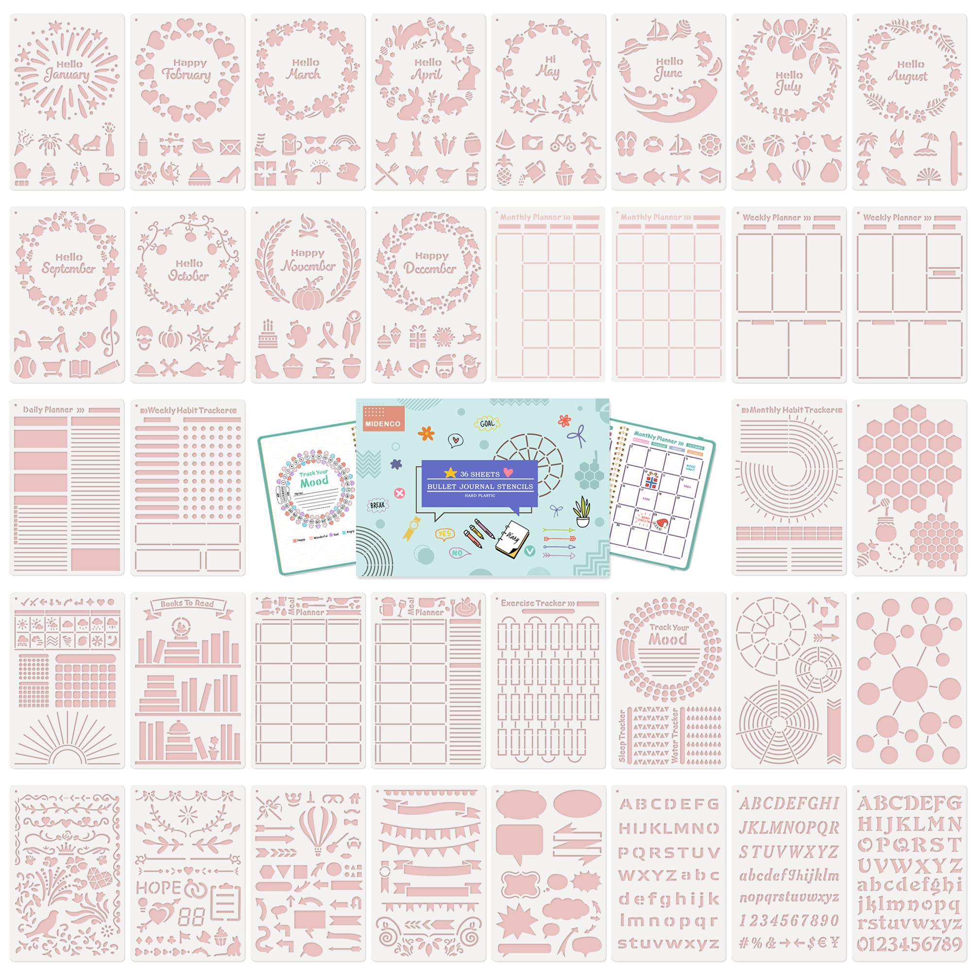 

Midenco Bullet Journal Stencils Journal Supply Accessory Kit for Bullet Journaling Planners (36 Pieces), &