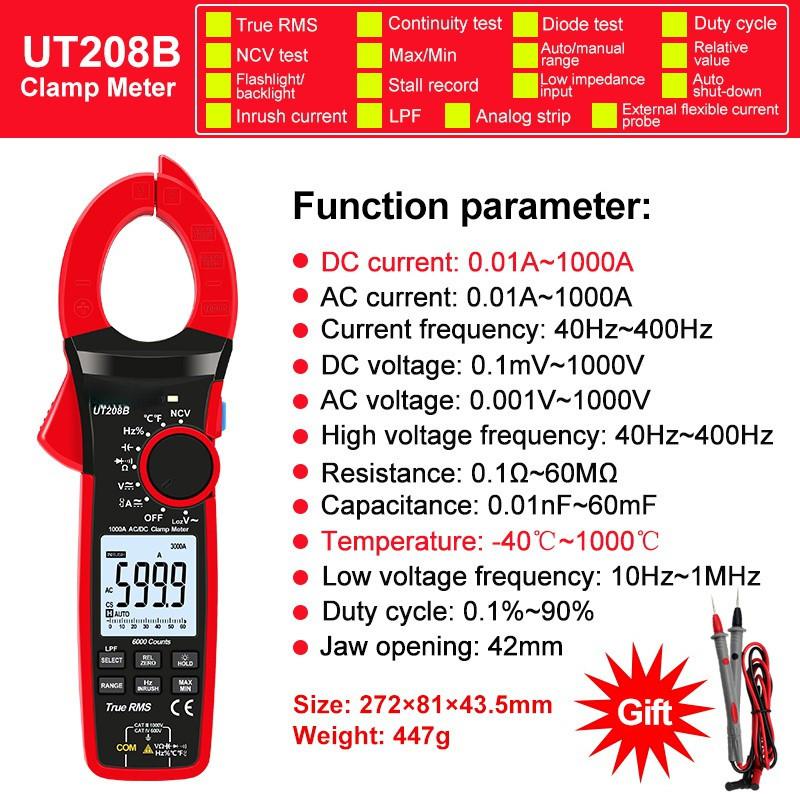 AC Current 1000A AC DC Voltage 1000V 6000 Count Inrush Current Diode Continuity Measurement Tool RMS Digital Clamp Meter