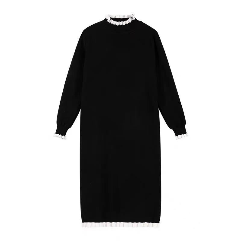 Coat with bottom sweater knitted dress small black long dress early autumn new women's clothing