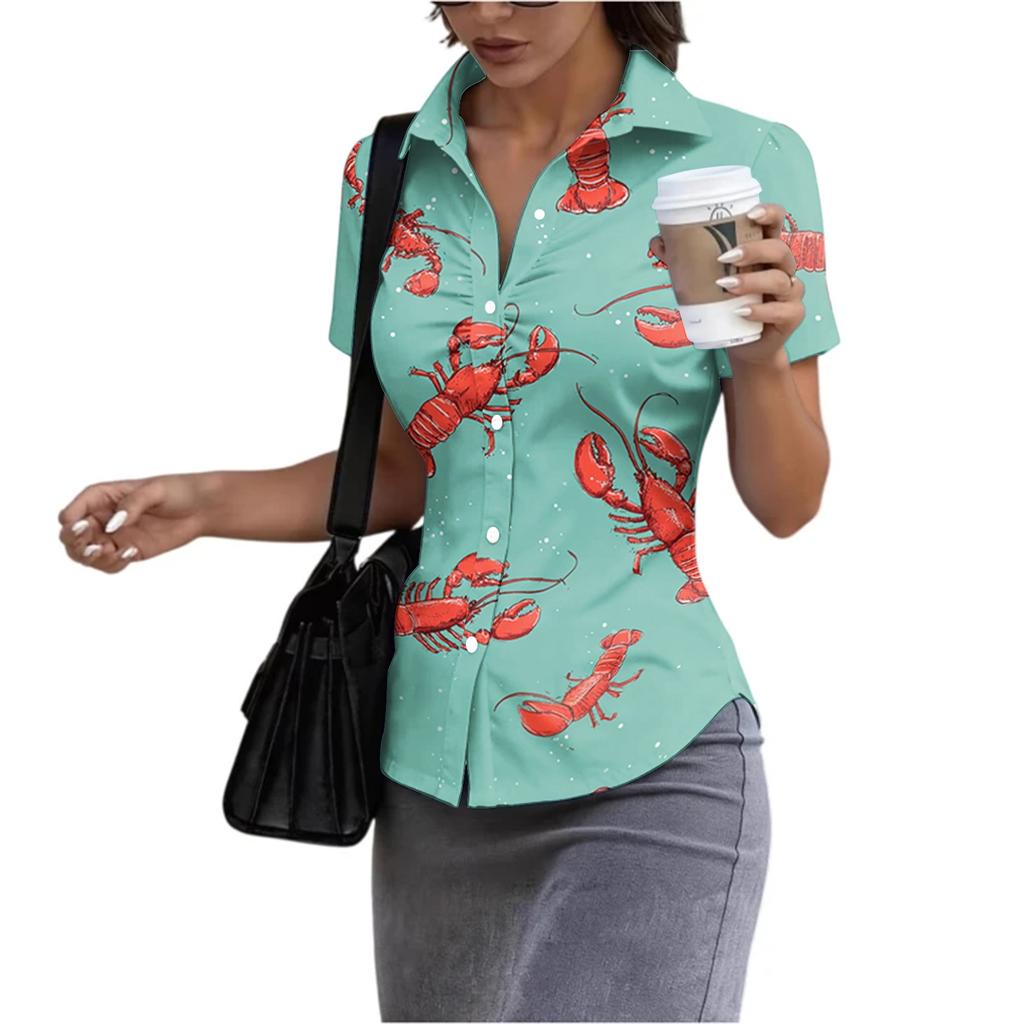 Women's Summer Print Slim Fit Short Sleeve Button Down Shirt