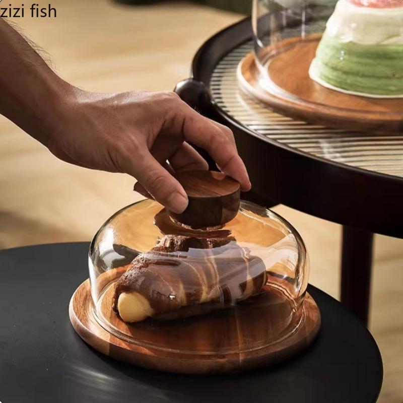 Wooden Cake Tray with Glass Cover Dessert Plate Decorative Plates Display Plates Pastry Plate Tea Tray Fruit Bowl Dim Sum Dish