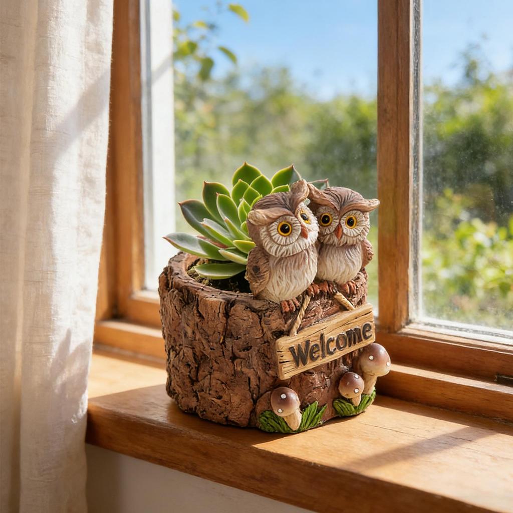 Creative Owl Resin Flowerpot Small Tree Stump Shaped S ucculent Plant Container With Welcome Sign Mushroom Decoration