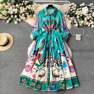 2024 tamanho grande nova primavera outono feminino designer vintage impressão runway vestido lapela longo maxi férias praia vestidos de festa