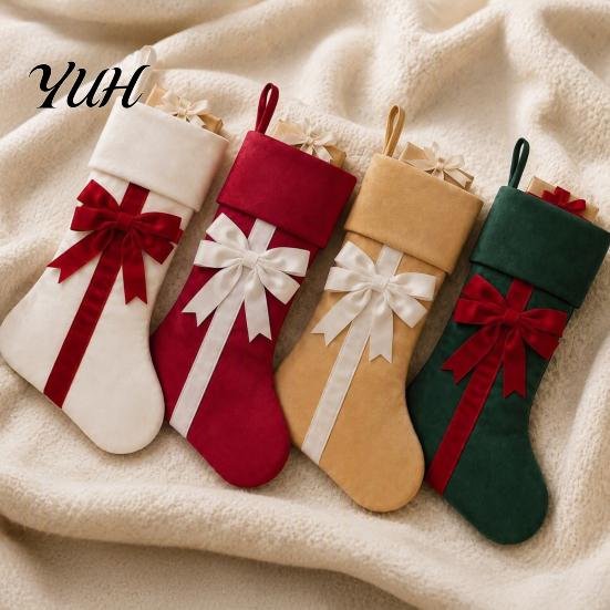 Holiday Home Decorations Christmas Stockings with Bow, 18 Inch Large Velvet Plush Cuff, Gift Storage Bags Hanging Decor for Fireplace And Candy Retro