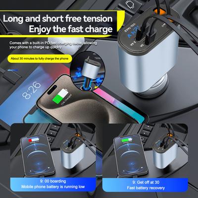 Retractable Car Charger 4 In 1 Fast Charging Car Charger 120W Retractable Cable and 2 USB Ports Car Charger Adapter Compatible