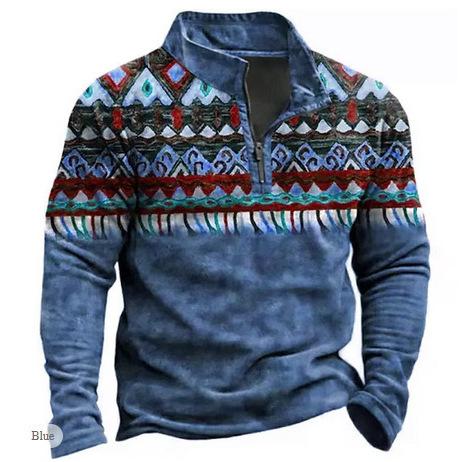 Ethnic geometric print long sleeve half-zip polo, stylish casual top.