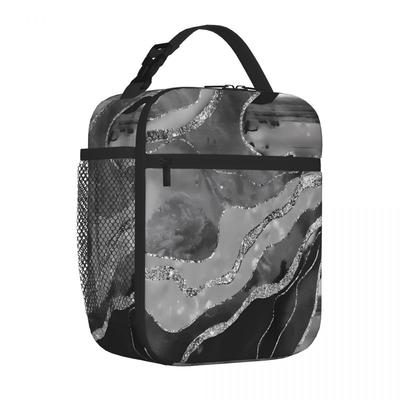 Bestselling Gray Black White Marble Agate Silver Glam Multi Pocket Lunch Bag Outdoor Construction Insulated Snack Tote