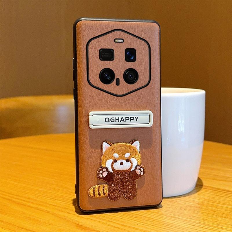 

Brown Plain Embroidery Cute Bear Stand Holder Phone Case For Honor Magic 7 Pro Magic 6 RSR Porsche Design Camera Protect Cover Only Case&Honor Magic6
