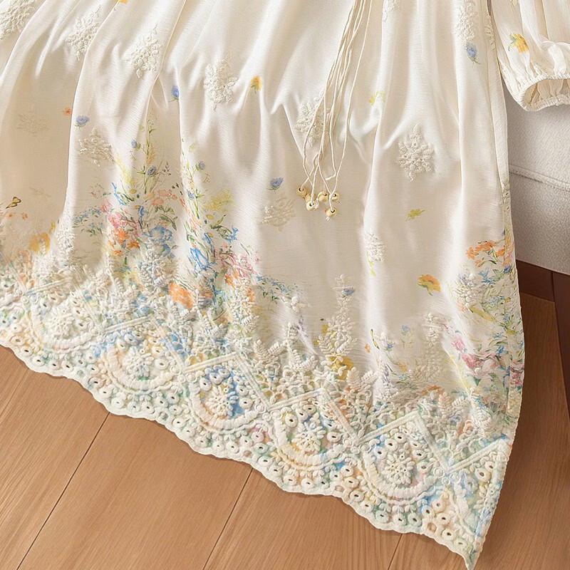 French Retro Embroidered Long-Sleeve Tea Dress