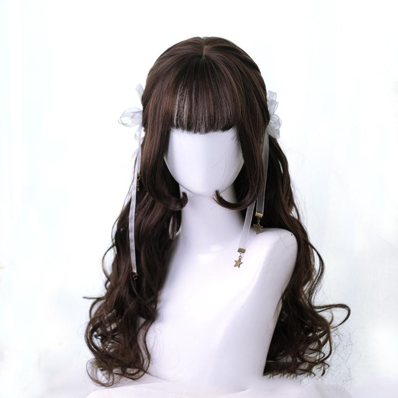 

Дамы Bybrana носят милые и красивые высокотемпературные парики, каштановые длинные волосы, большую волнистую челку, Лолиту 60cm