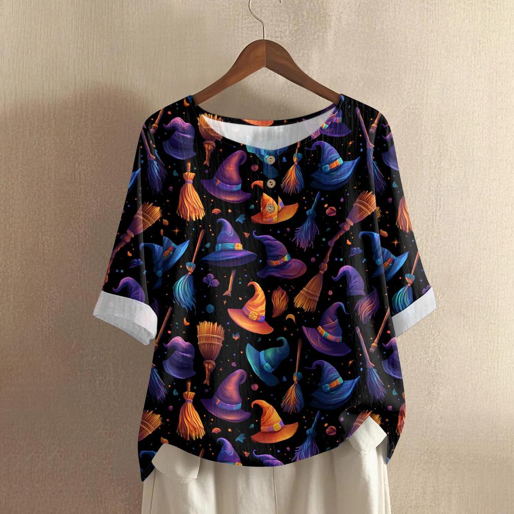 Women's Casual Mid Sleeved Round Neck Halloween Printed Cotton And Linen Top