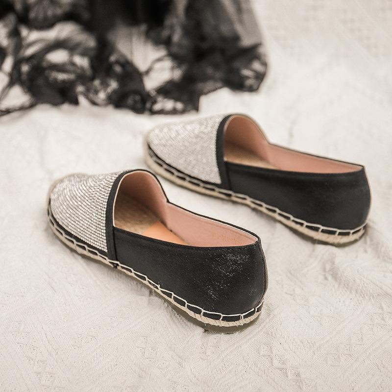 Fashion Espadrilles crystal rivets slip on loafers women hemp knitted cover toe shallow moccasins sewing gold/silver straw flats shoes