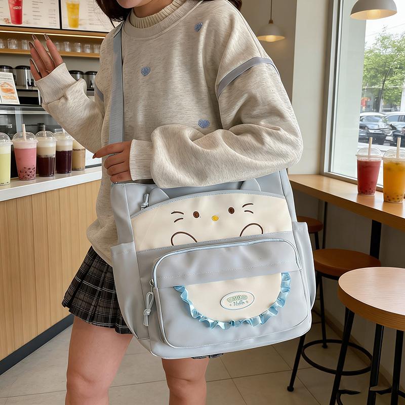 Cartoon Cat Crossbody Bag College Style Large Capacity Shoulder Tote Bag Student Class Book Bag