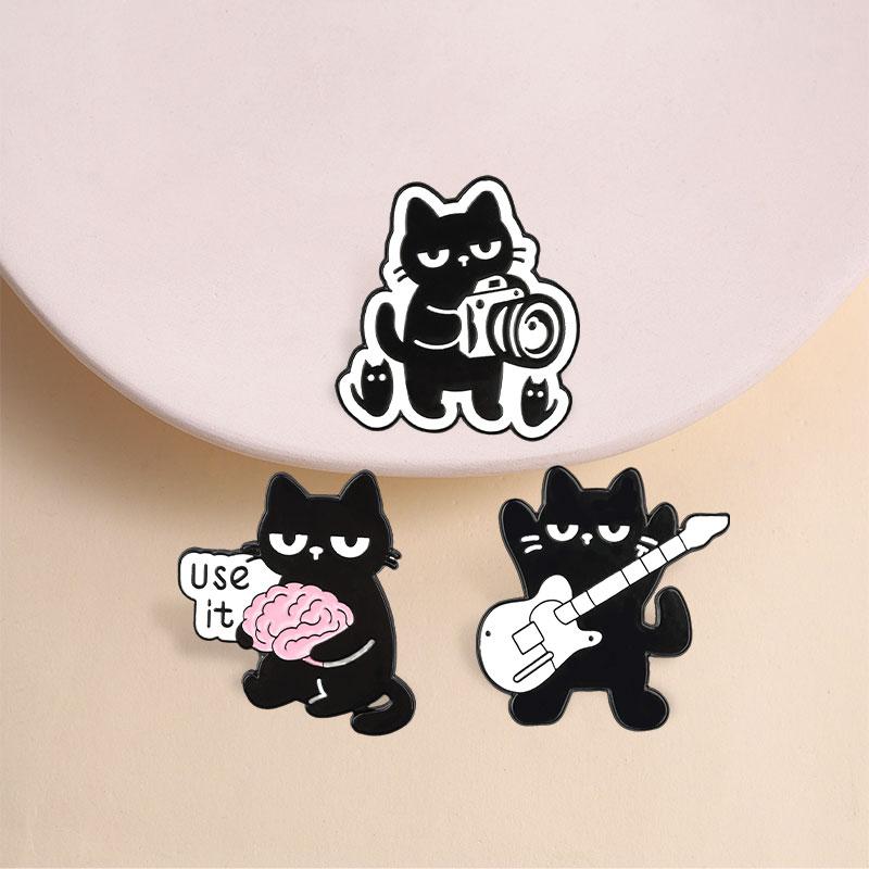 Cute Black Cat Enamel Pins Use It Brain Camera Guitar Cool Band Kitten Cartoon Animal Brooches Lapel Badge Jewelry Gifts