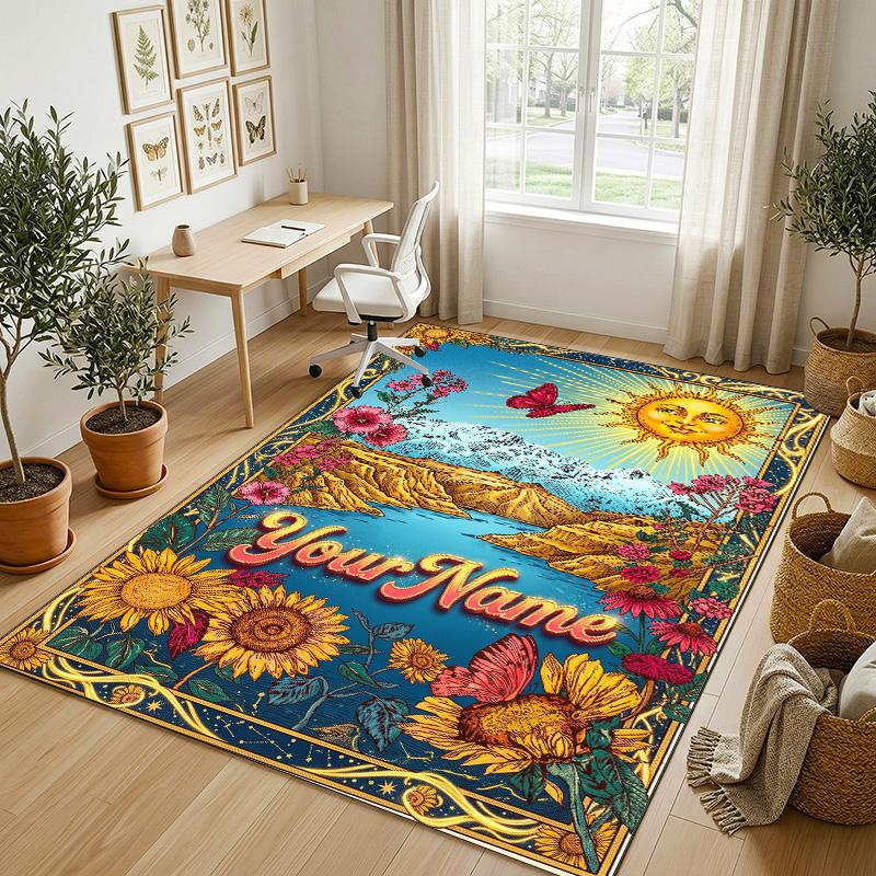 Floral Garden Theme Crystal Velvet Rug Personalized Custom Name Text Soft Floor Mat Home Decor