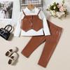 Abbigliamento Bambini Autunno e Inverno Nuovo Completo da Ragazza Top a Collo Alto Manica Lunga + Gilet in Ecopelle + Pantaloni in Ecopelle