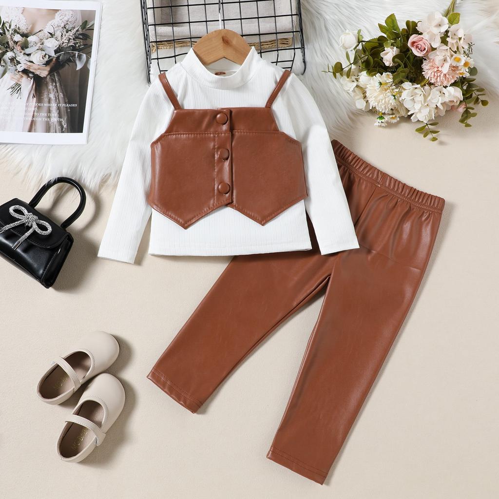 Abbigliamento Bambini Autunno e Inverno Nuovo Completo da Ragazza Top a Collo Alto Manica Lunga + Gilet in Ecopelle + Pantaloni in Ecopelle