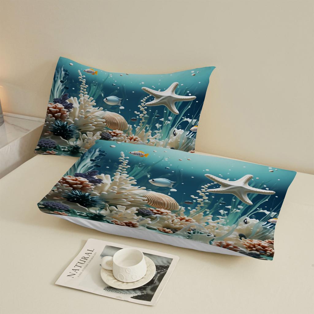 3pcs Fitted Sheet Sets 3D Printed Coral Reef Seaworld Soft Washable 100% Polyester Flat Sheet With 2 PillowcasesHome Decoration