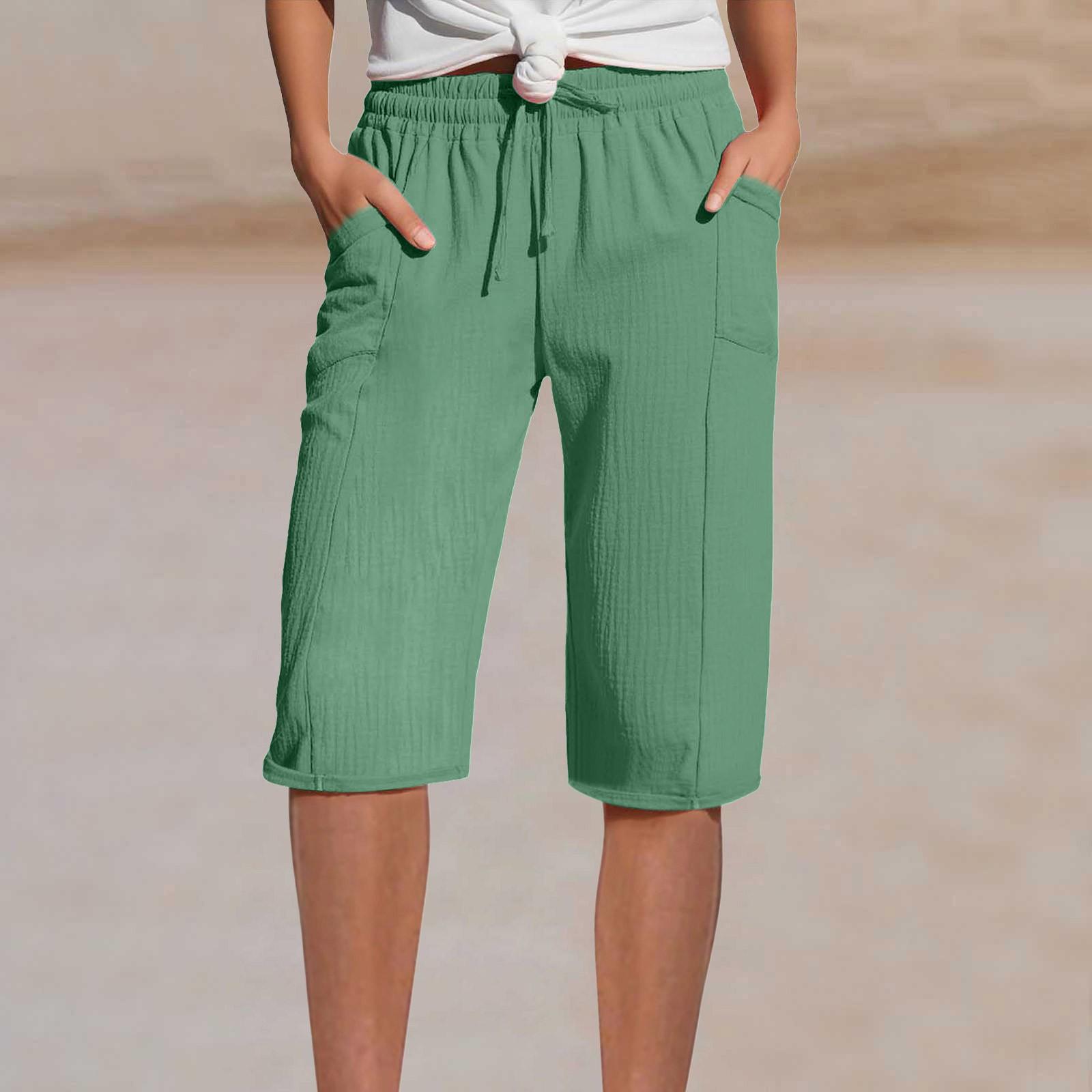 Women s Summer Linen Shorts - Elastic Waist Pleated Pocket Casual Capris XL