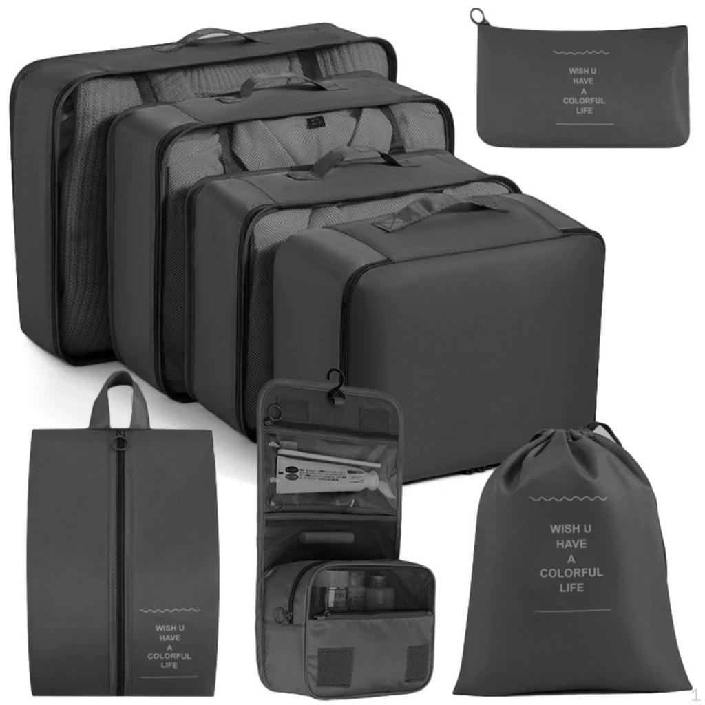 8 Pieces Travel Bag Set Mesh Panels Zippered Packing Cube SemiRigid Hanging Toiletry Gray