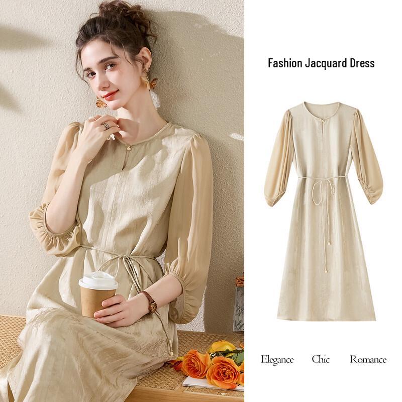 TUHUANG Elegant 100% Mulberry Silk Lantern Sleeve Jacquard Dress 2XL