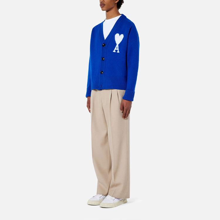 Ami Paris Ami De Coeur Merino Wool Oversize Cardigan Royal Blue/White Men Streetwear H21K313-018490