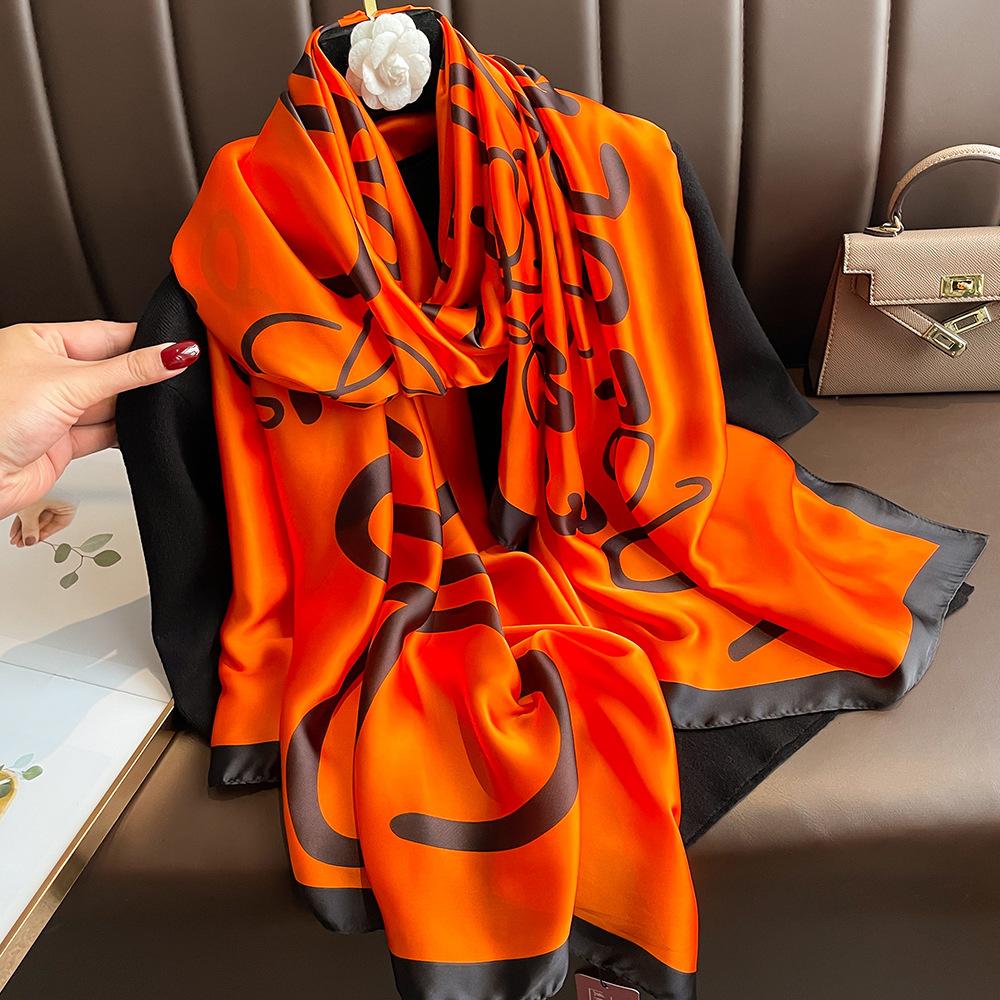New silk scarf new silk satin printed shawl holiday fashion sunscreen long section simulation silk scarf