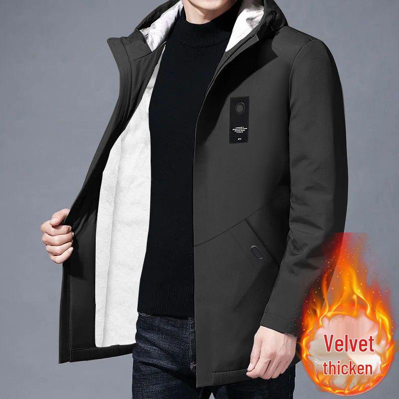 2025 Men’s Mid-Length Fleece-Lined Trench Coat – Trendy, Casual, and Warm for Autumn/Winter.