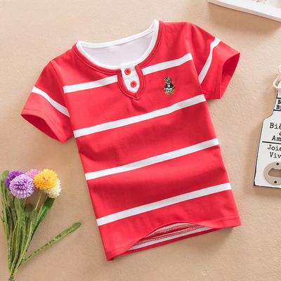 Letnia odzież dziecięca Bawełniany T-shirt Podwójny kołnierzyk Okrągły dekolt Krótki rękaw Paski Mundurek przedszkolny Uczniowie