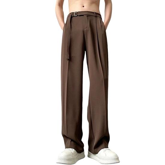 Men Suit Pants Straight Wide Leg Loose Belted Adjustable Waist Solid Color Formal Business Style Streetwear Full Length Casual Office Wear Trousers