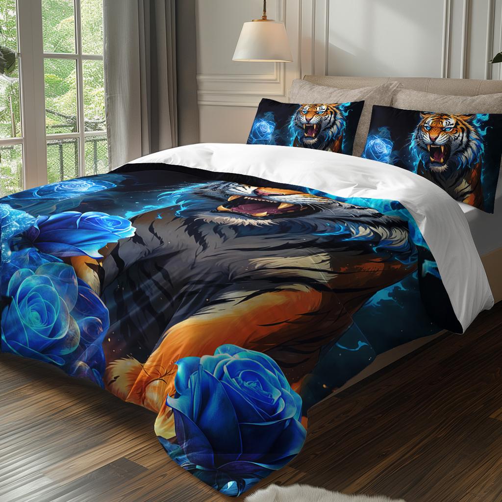 3pcs Fierce Tiger with Blue Roses Bedding Duvet Cover Set Blue Rose Tiger Bedding Quilt Set Animal Themed Bed Set Four Seasons