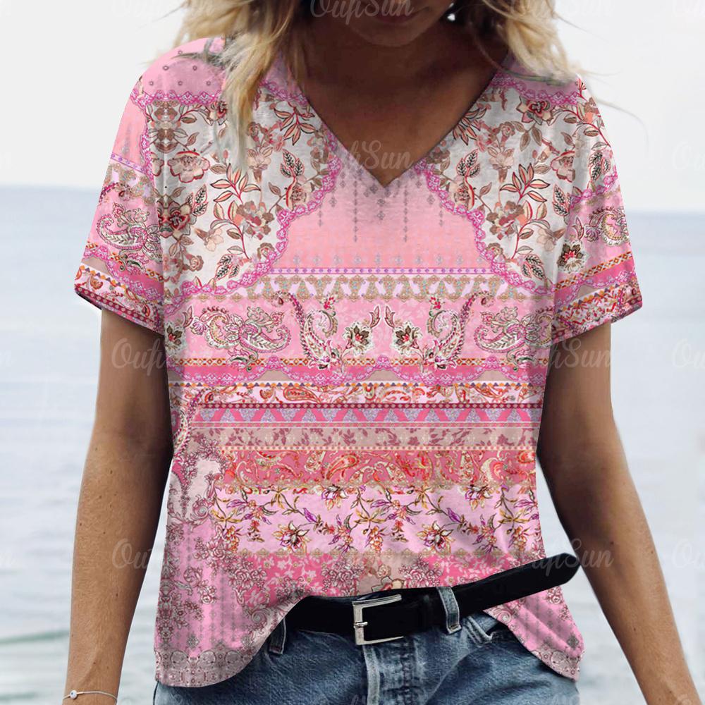 Vintage Damen T-Shirt Ethnischer Blumendruck Übergroße Bluse Damen Trendige Kleidung Mode Kurzarmshirt Damen V-Ausschnitt Hund