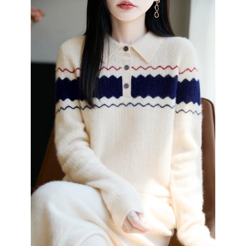 Women's College Style Wool Lapel Knit Sweater - Spring/Autumn 2025 Collection, Loose Fit, Slimming Base Layer Top