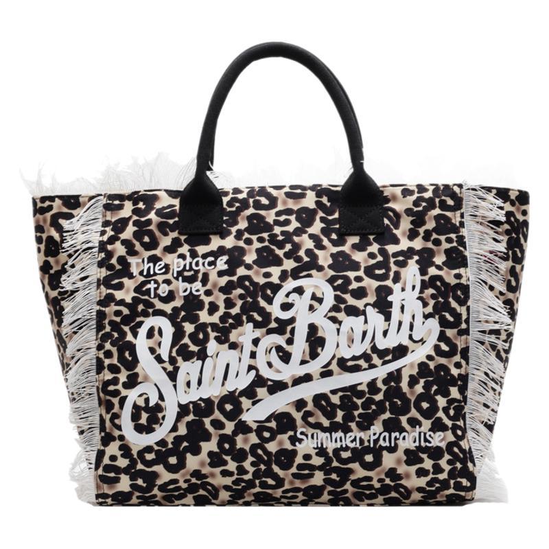 New women's large-capacity leisure travel leopard print canvas handmade fringed handbag tote bag