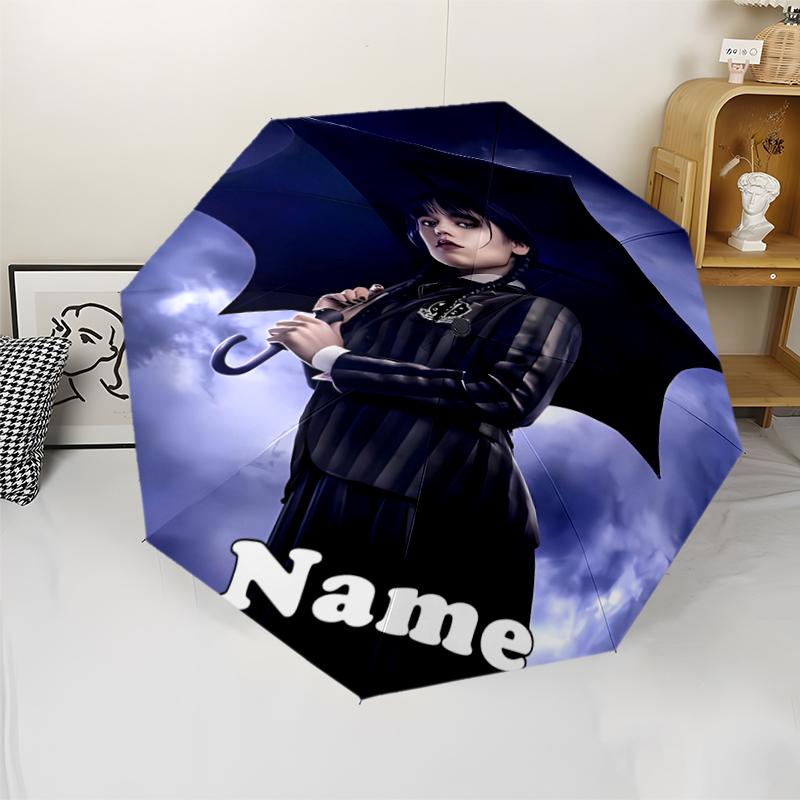 Custom Name Wednesday Theme Automatic Umbrella, Lightweight & Portable, 8 Rib, Perfect for Outdoor Travel, Birthdays, Christmas, Gifts.