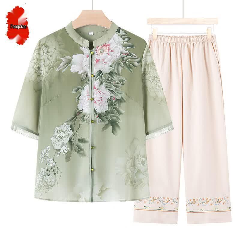 Fengxiao Women s Floral Chiffon Top for Middle-Aged & Elderly