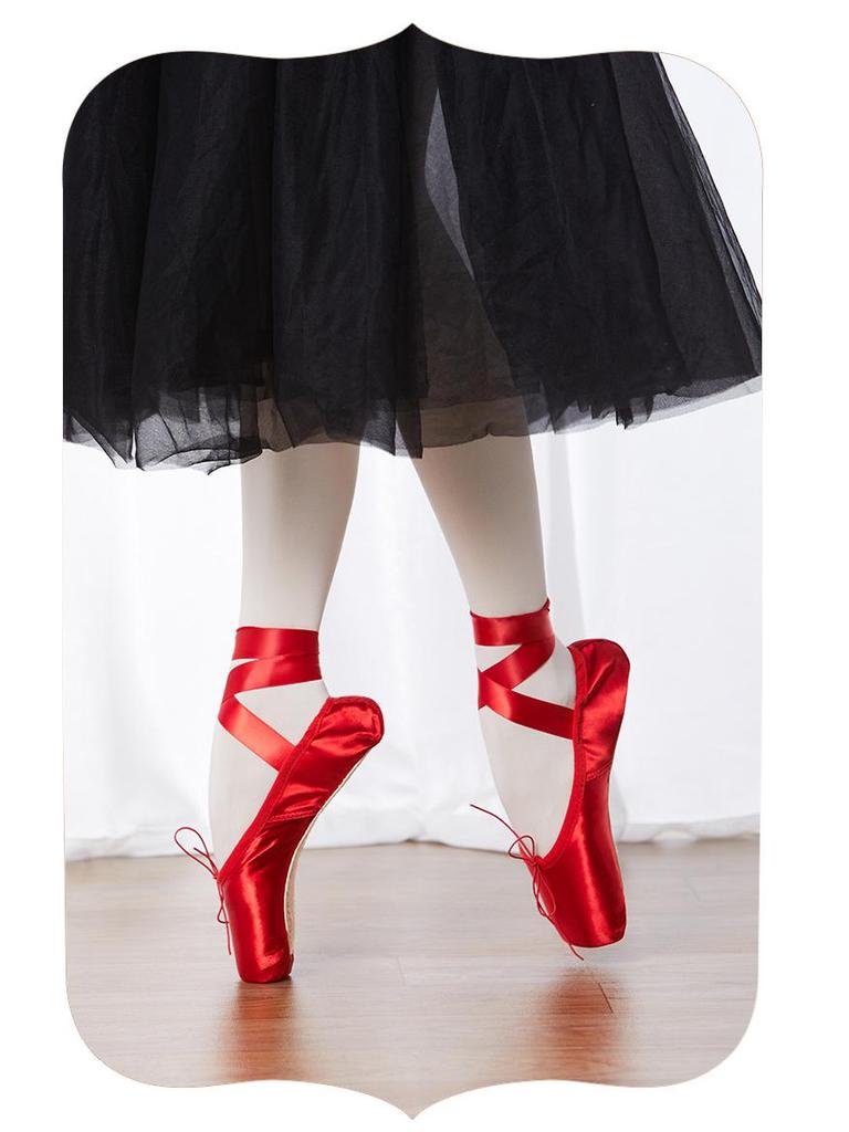 Dětské růžové saténové špičky pro začátečníky se stuhou - Tvrdá podrážka Dospělé taneční cvičky