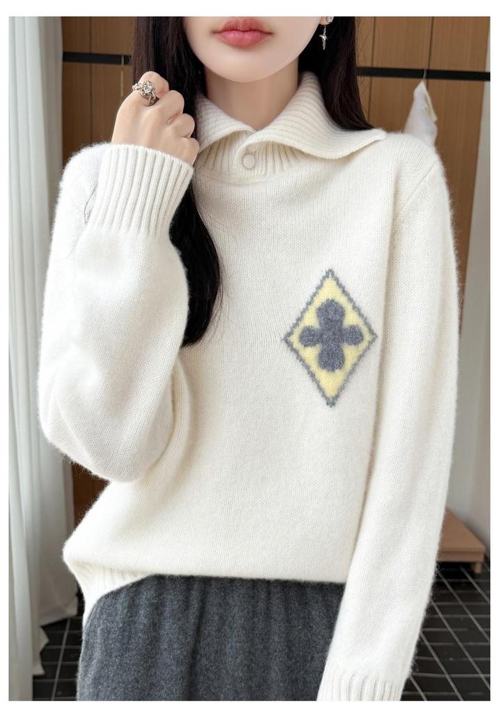 Women's Diamond Jacquard Wool Lapel Sweater - Thick, Warm, Long Sleeve Knitwear for Autumn/Winter