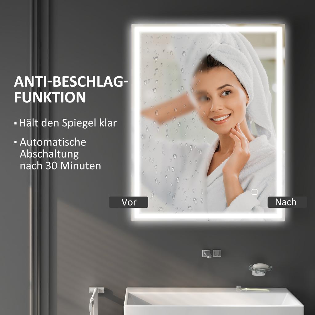 90 x 70cm LED Badkamerspiegel met Verlichting, Dimbaar Make-upspiegel, Kaptafelspiegel met 3 Kleuren, Slimme Touch, Anti-Mist
