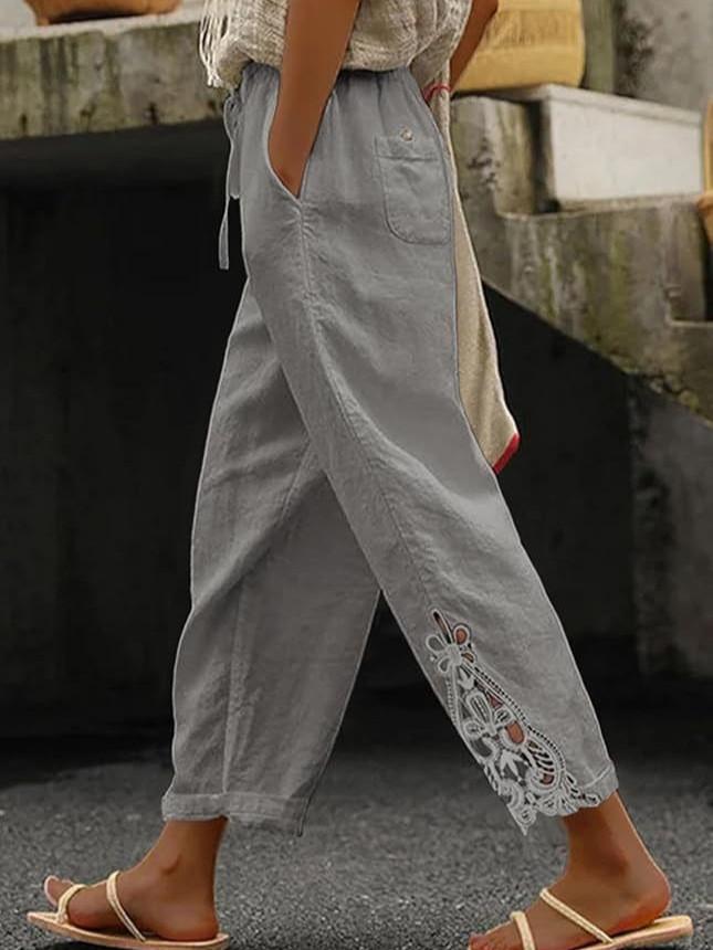 Casual Cotton Pants With Lace Patchwork And High Waist For Womens Fall Fashion