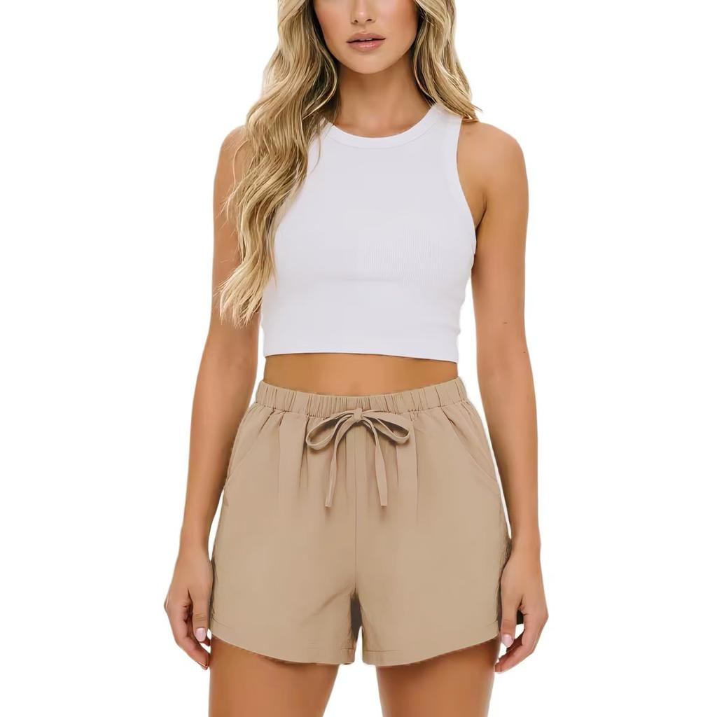 Women Linen Shorts High Waist Drawstring Elastic Waistband Loose Fit Summer Casual Lightweight Shorts for Daily Wear