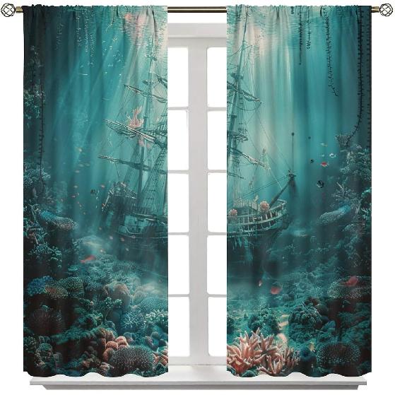 Mystical Ocean Shipwreck Blackout Curtains for Living Room Bedroom, Vintage Horror Pirate Ship Window Curtains Rod Pocket Thermal Insulated Window