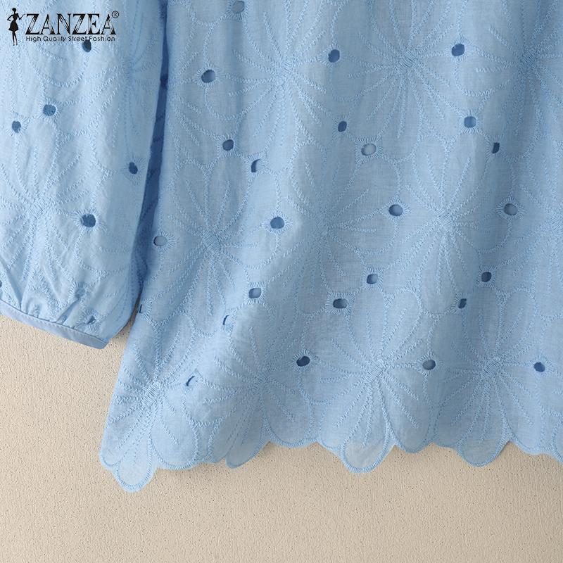 ZANZEA Women Casual Round Neck 3/4 Sleeve Loose Patchwork Crochet Blouse