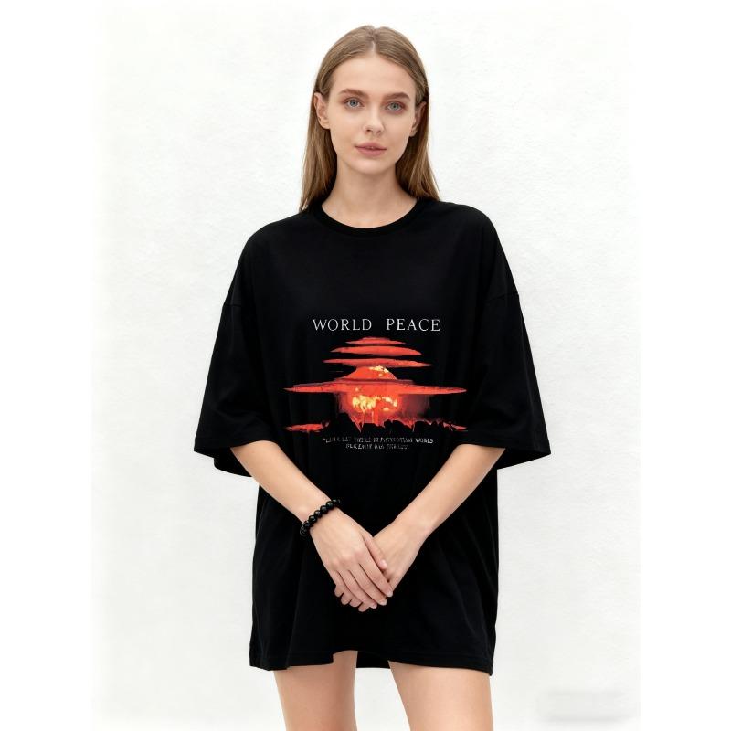 Oversized T Shirt Black World Peace Nuclear Explosion Print Graphic Tee Casual Streetwear Unisex Fashion Top Summer Outfit