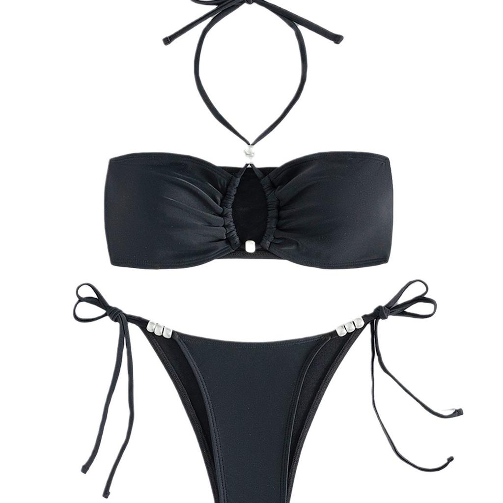 Halter Tie Pearl Decor Sexy Two Piece Bikini Set Elegant Women Swimwear