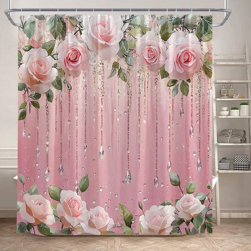 Rosa Ros Blommiga Duschdraperier Naturlig Grön Växt Blommor Alla Hjärtans Dag Badrumsdraperi Modernt Tyg Badrumsinredning med Krokar