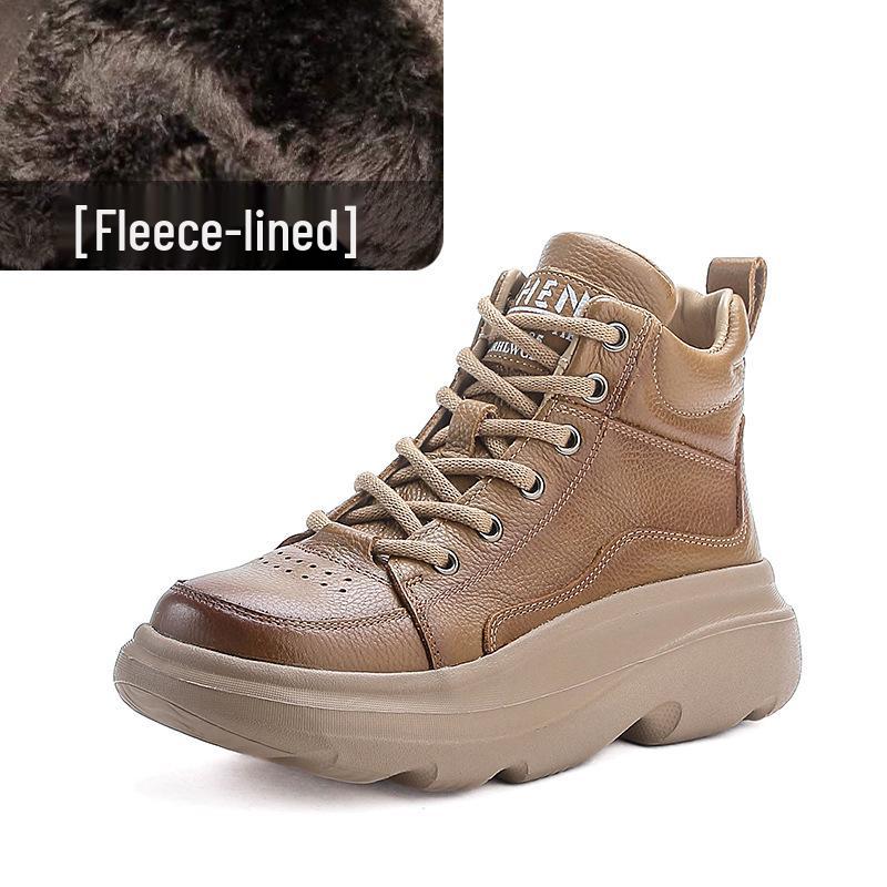 Dame Vintage Kuskinn Høye Ankelstøvletter med Tykk Såle og Rund Tå - Høst/Vinter Kolleksjon.