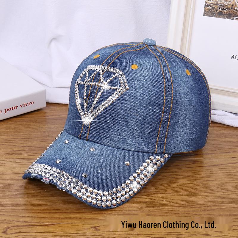 Damen Strass Denim Baseballkappe - Paris Schriftzug Sonnenhut
